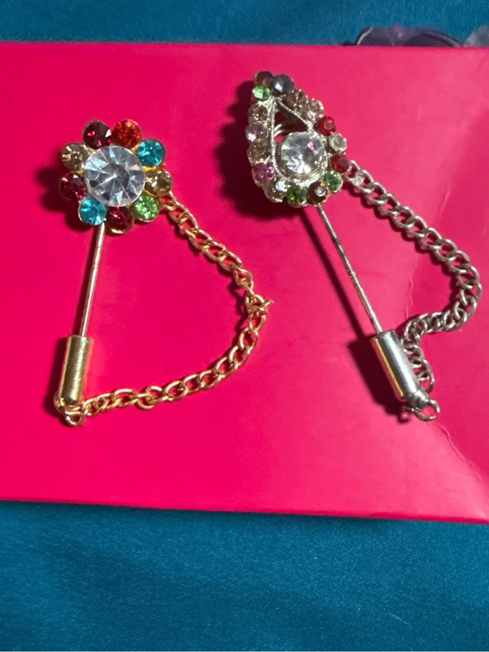 Multicolor Crystal Flower Lapel Pins with Chain (Set of 2)